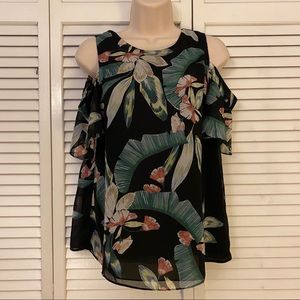 Black Palm Leaf Cold-Shoulder Top